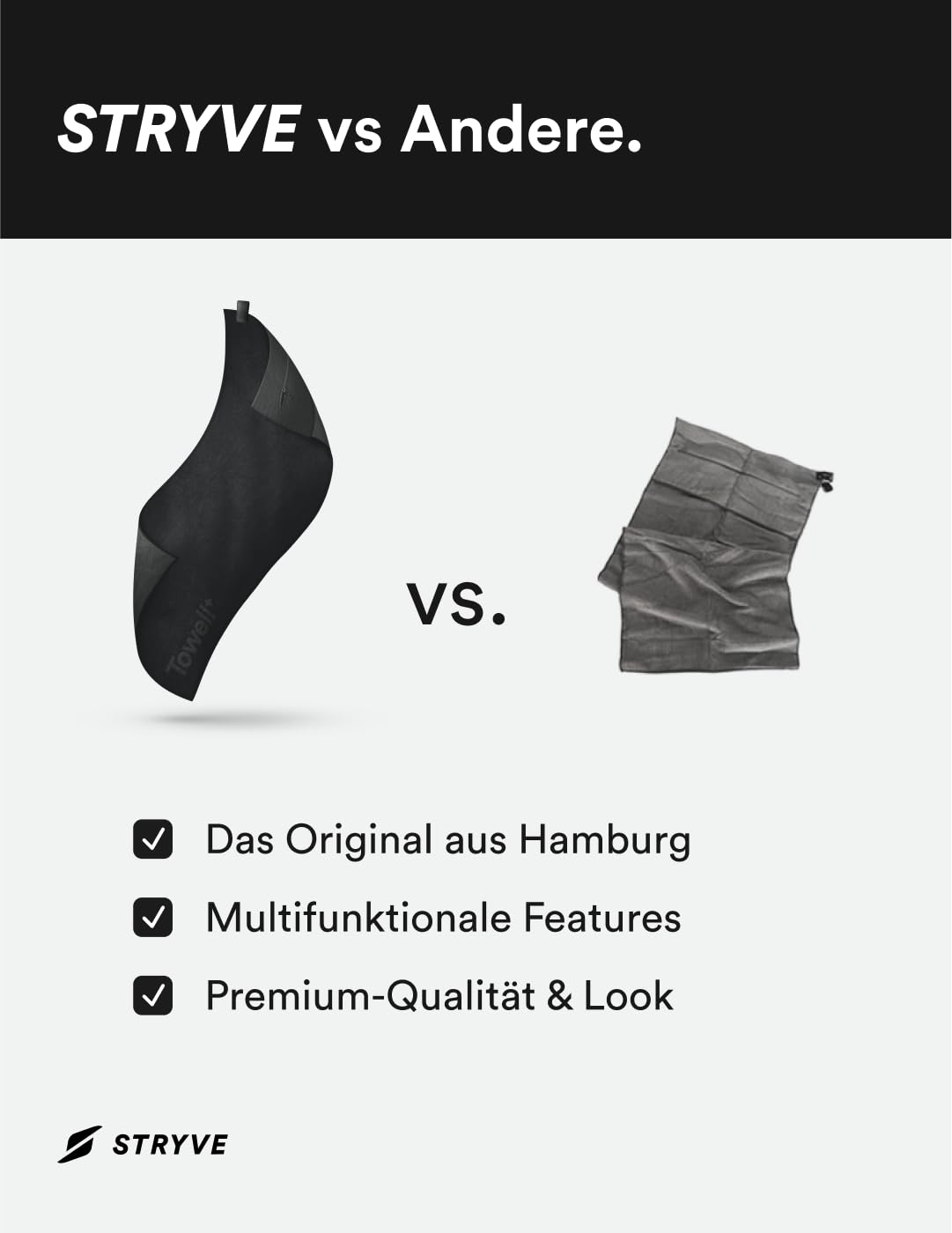 STRYVE Sporthandtuch – Das Original aus DHDL – Towell+ – Graphite Black – 90 x 40 cm – Magnetclip & Rutschschutz – Smartes Design zum besten Preis – Ideal fürs Gym verfügbar