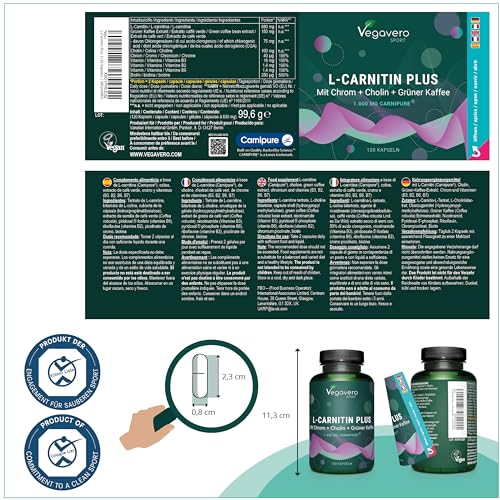 Vegavero L-Carnitine | with Choline, Chromium, B Vitamins and Green Coffee Bean Extract | NO Additives | Pre-Workout, Weight Management & Muscle Recovery* | 120 Carnitine Capsules | Vegan - Image 4