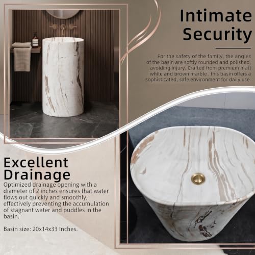 Image of BASSINO 20x14x33 Inch Pedestal Wash Basin /Free Standing Wash Basin /7 Years Warranty /Oval Ceramic One Piece Pedestal Sink for Bathroom /Living Room /Floor Mounted Washbasin(Matt White-Brown Mix Marble)