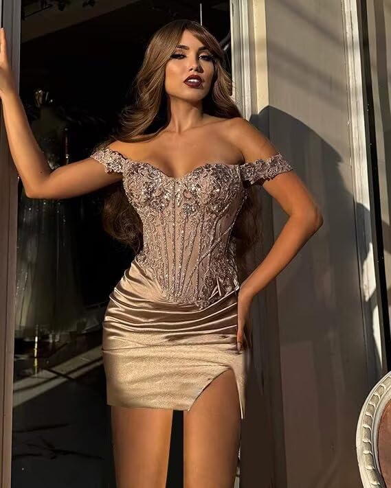 Sparkly Sequin Off The Shoulder Homecoming Dress Lace Applique Corset Formal Evening Dresses with Side Slit4