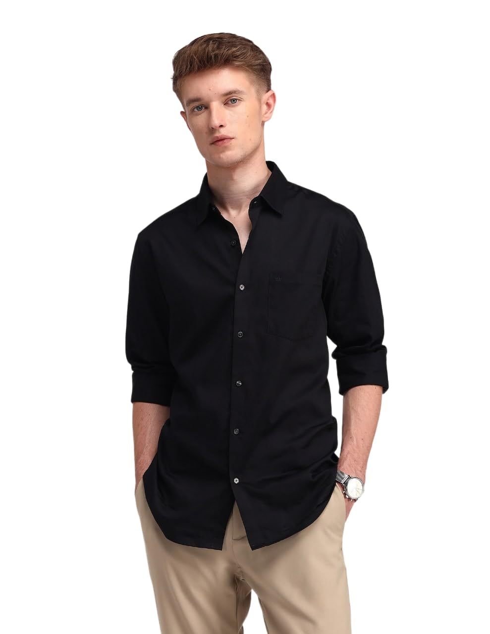 Arrow Men Slim fit Cotton Solid Long Sleeves Cutaway Collar Shirt(ARADOSH0788_Black_40)