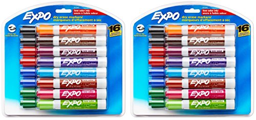 Expo 81045 Low-Odor Dry Erase Markers, Chisel Tip, Assorted Colors, 2 Blister Packs with 16 Markers, Total of 32 Markers