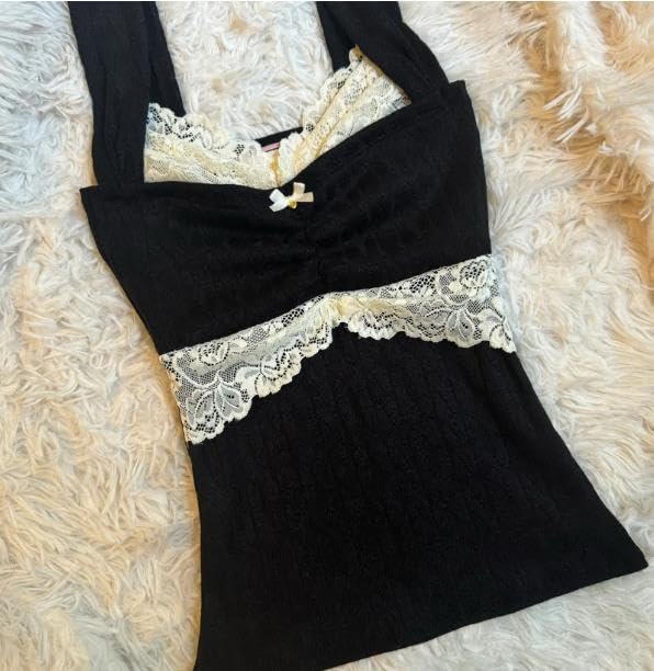 Women's Lace Trim Cami Tops Cable Knit Fairy Grunge Camisole Top Coquette Aesthetic Clothes4