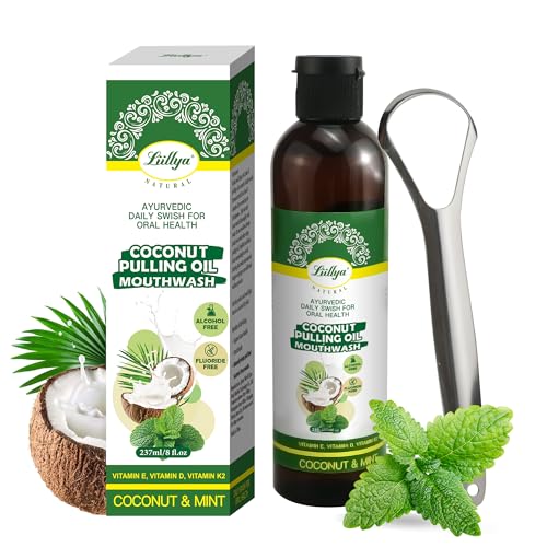 Liillya Organic Coconut Oil Pulling for Teeth and Gums with 6 Essential Oils & 3 Vitamins, Natural Mouthwash for Fresh Breath, Healthy Gums, Oral Hygiene, Alcohol-Free, Fluoride-Free, 8 oz