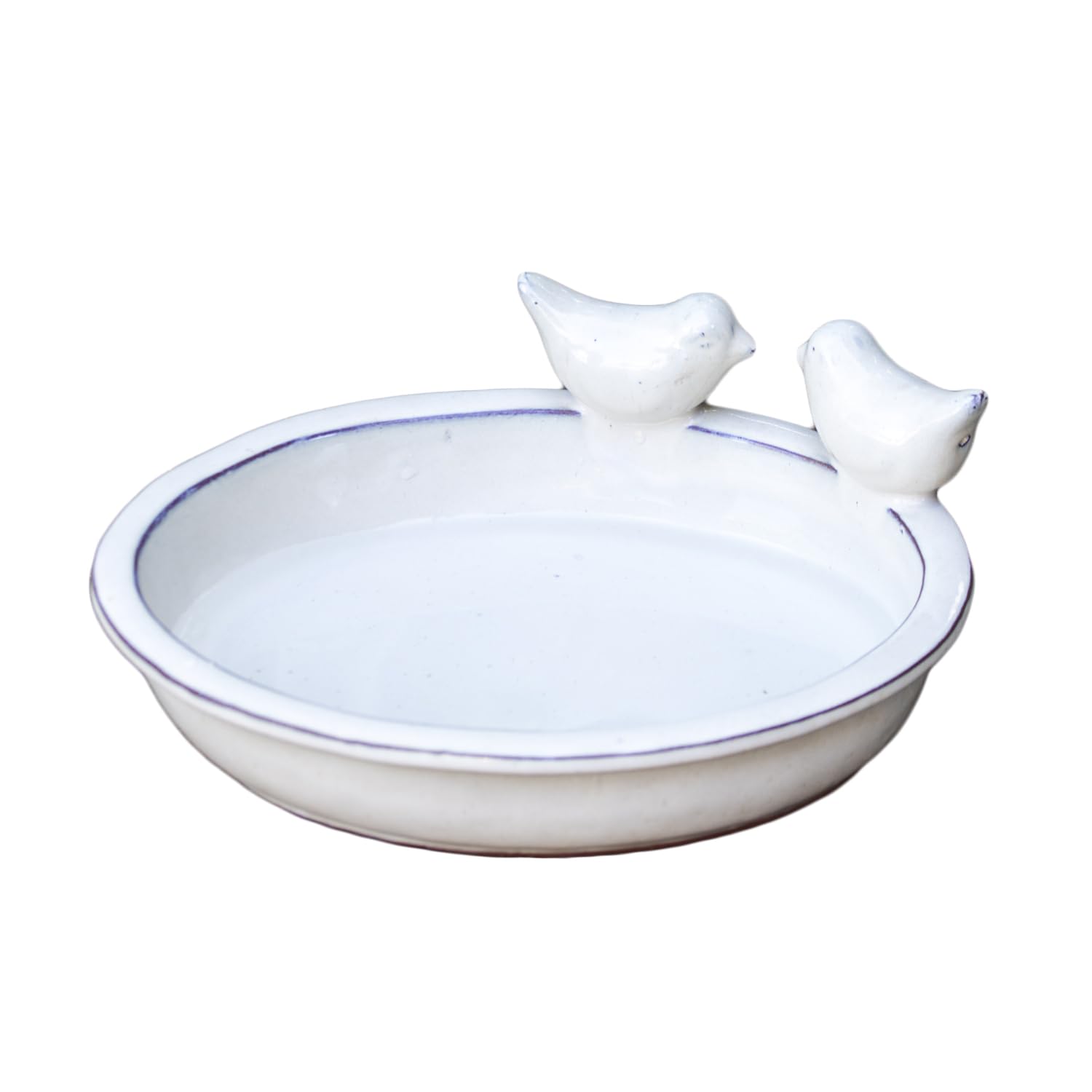 Oval Ceramic Bird Bath and Feeder Bowl, Glazed Finish, With 2 Perched Birds Detail, W31cm x D23cm x H11cm (White)