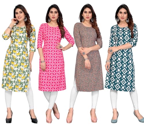 Image of JAKHANA Women's Crepe Printed Casual Straight Calf Length Round Nick Kurta Pack of 4