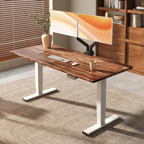 Image of FLEXISPOT E6 MAX Woodix Acacia Solid Wood 48x24 Inch Dual Motor Heavy Duty Standing Desk, 330lbs Capacity, 3-Stage Height Adjustable Desk w /Cable Management & Wheels(Brown Acacia Wood + White Frame)