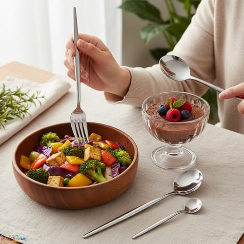 Image of Slim Handle Silver 16 Pcs Stainless Steel Cutlery Set for Dining Table, Dishwasher Safe Glossy Flatware (4 Spoon Set + 4 Forks Set + 4 Butter Knife + 4 Dessert Spoon)