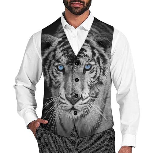 White Tiger with Blue Eyes Men's Suit Vest Slim Fit V-Ncek Waistcoat Business Casual Vest