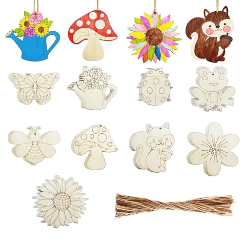 BENIMUS 45 Pcs Wooden Spring Ornaments to Paint DIY Unfinished Wood Slices Flower Cutouts Butterfly Ornament for Art Crafts with 9 Styles DIY Wooden Ornaments Hanging Decorations Kit