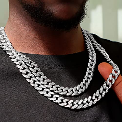 2PCS Cuban Link Chain for Men Women Miami Cuban Link Chain Necklace Gold Silver Plated Bling Diamond Chain Trendy Choker Chain Necklaces Jewelry for Men3