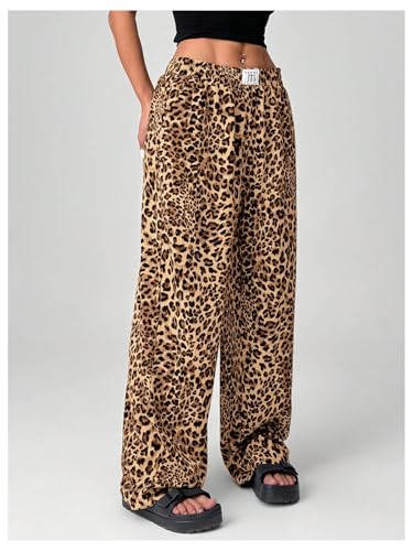 Image of RoseSeek Women's Letter Leopard Print Y2K Straight Elastic Waist Leg Pants