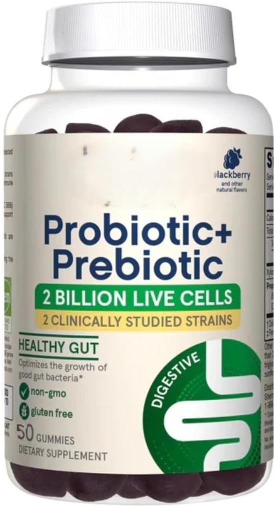 Probiotic + Prebiotic Gummies BlackBerry Flavour – 50 Chewable Gummies for Gut Health & Digestion – Vegan, Non-GMO, No Refrigeration Needed – Supports Immunity & Balance – 25 Day Supply