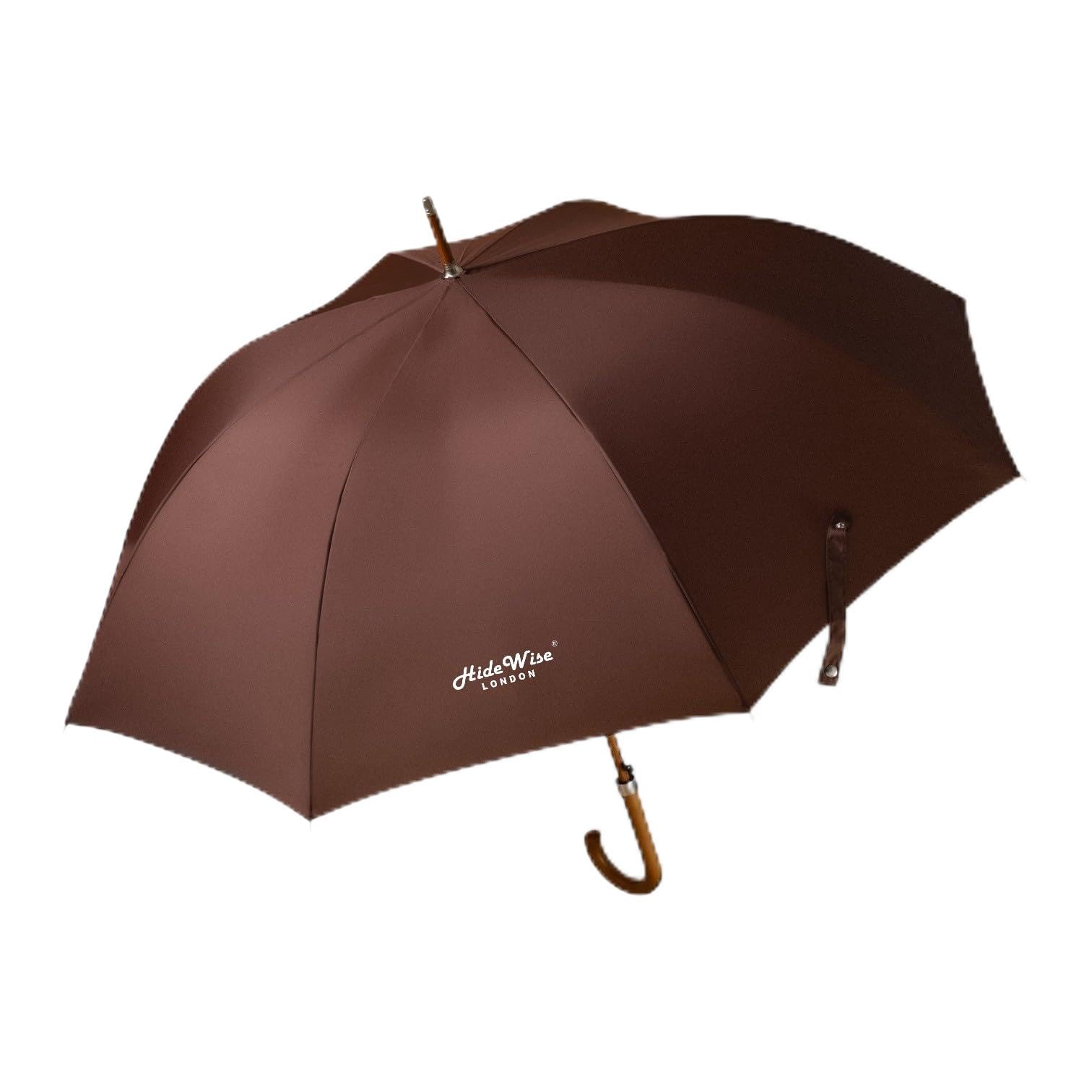 HideWise LONDON Classic Umbrella Crook Curved Wood J Handle Auto Open Anti UV Windproof Strong Brolly (Brown)