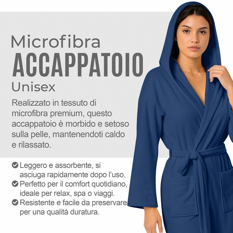 NARCISO - Accappatoio Uomo Donna Microfibra Economico con Tasche Cappuccio e Cintura, Ideale per Casa, Viaggio, Palestra, Tessuto Morbido e Comodo, Taglie dalla S alla XXL