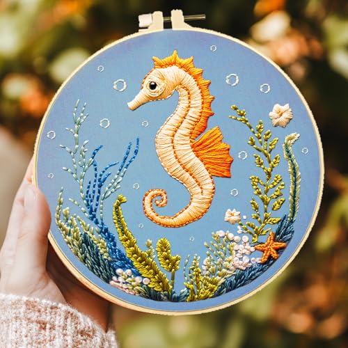 Image of ACRNIGHEET 6PCS Embroidery Kit for Adults Beginners, Sea Animals Embroidery Starter Kit, Stamped Cross Stitch Kits for Crafts Lovers Gift Idea, Include Instructions 6 Stamped Embroidery Cloth 2 Hoop