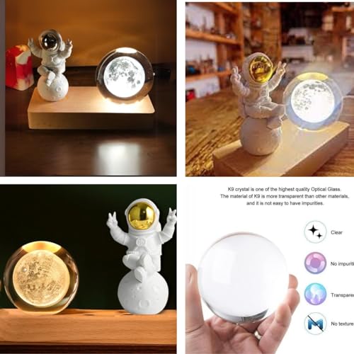 Image of One94Store 3D Crystal Moon Lamp - Engraved LED Light with Astronaut, USB-Powered Table Lamp, Wooden Base, Romantic Home & Office Decor, Bedroom, Anniversary, Birthday Gift (Warm White)