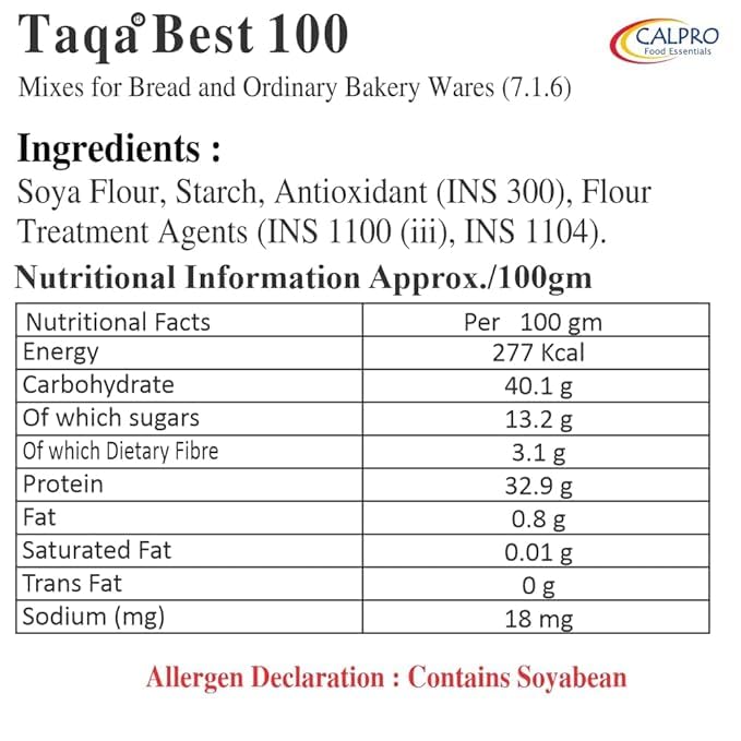 Image of Calpro's Taqa Best 100 : Multipurpose Bread Improver,Enhances Dough Rise, Improves Crust & Freshness ! High Protein -100% Vegetarian : Mix 1KG