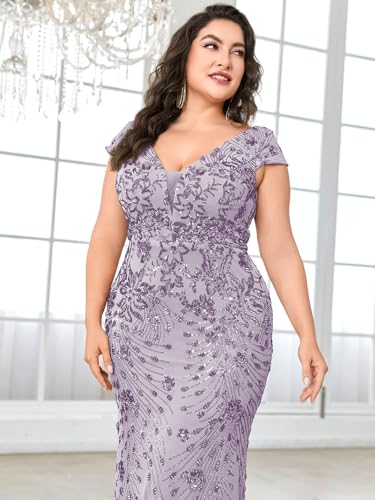 Image of Plus Size Womens Sequined Long Evening Gown Glamous Sleeveless V-Neck Mermaid Prom Dress for Wedding Party