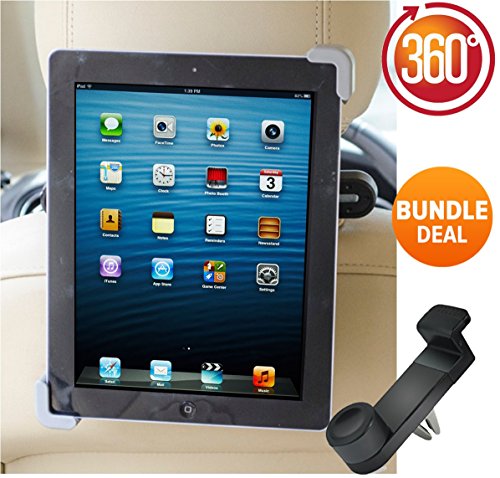 Premium Car iPad Holder 360° Degree Adjustable Rotating Headrest Car Seat Mount Holder, BONUS Car Phone Holder. For Apple iPad's 1,2,3 4, Samsung Galaxy,Motorola Xoom, And all Tablets Up To -10.1"