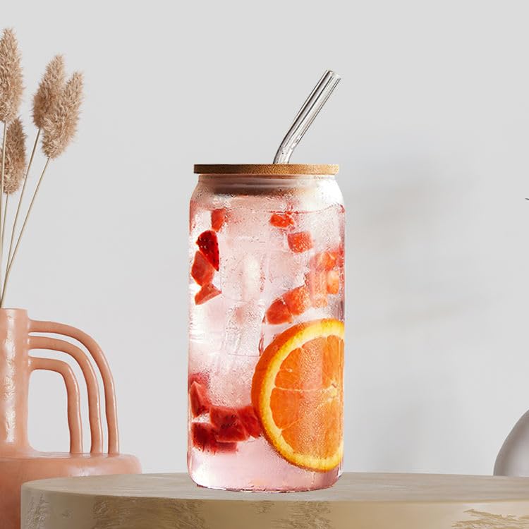 Aesthetic Drinking Glass with Wooden Lid & Straw - 250ml | Mason Jar Style for Cold Beverages, Milkshakes, Smoothies, Cocktails - Perfect for Kitchen, Parties and Home Use