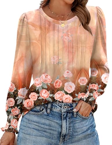 Image of Zeagoo Womens Tops Fashion Crew Neck Long Sleeve Dress Shirt Basic Blouses 2025 Fall Clothes with Smocked Cuffs