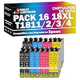 15 / 12 / 12 / 12 ml Pulpo Cartucho - Pack de 16 Cartuchos 18XL (BK/C/M/Y) Compatible con Epson/Ref. PACK16-T1811/2/3/4 - Valido para Impresoras XP-102/XP-202/XP-302/XP-305/XP-312/XP-315/XP-322/XP-325/XP-402/XP-405