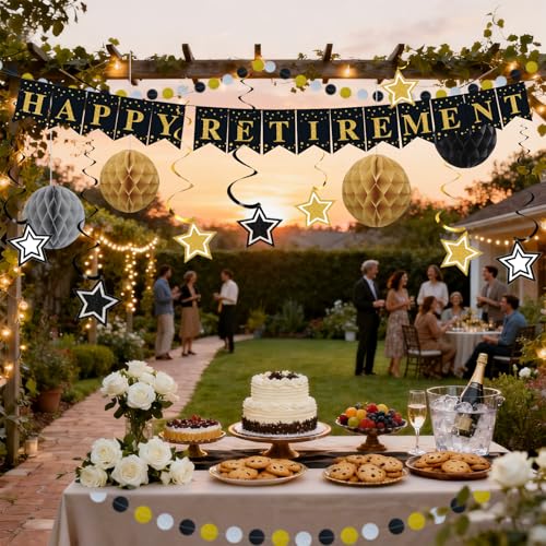 Image of Happy Retirement Party Decorations for Men Women Black Gold Happy Retirement Banner Honeycomb Balls Pentagram Hanging Swirl Streamers Circle Dots Garland