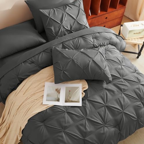 Parure de lit à plis pincés de qualité supérieure lit double gris foncé HIMEET