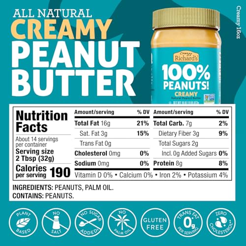 Crazy Richard's 100% All-Natural Vegan Creamy & Crunchy Peanuty Butter with No Added Sugar and Non-GMO Variety Pack (16 Ounce, Pack of 4)
