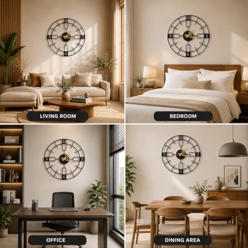 Image of 40 cm Metal Wall Clock, Black | Silent Non-Ticking, Skeleton Design, Modern Iron Analog, For Living Room, Bedroom, Hall, Office & Home Decor