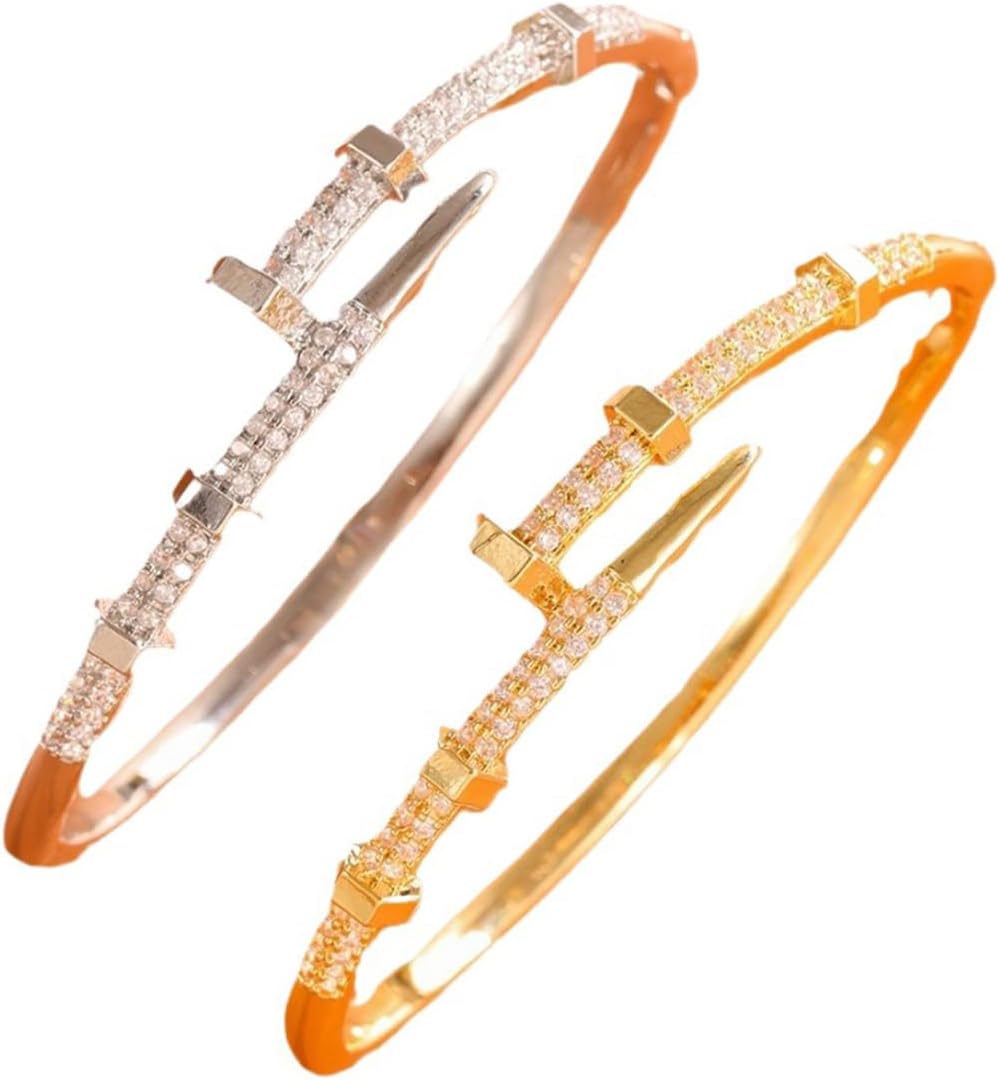 NMAVXKLI Nail Bangle Bracelet for Women 18K Gold Plated Cubic Zirconia Stones Titanium Steel Bracelet Jewelry Valentines Christmas Gifts