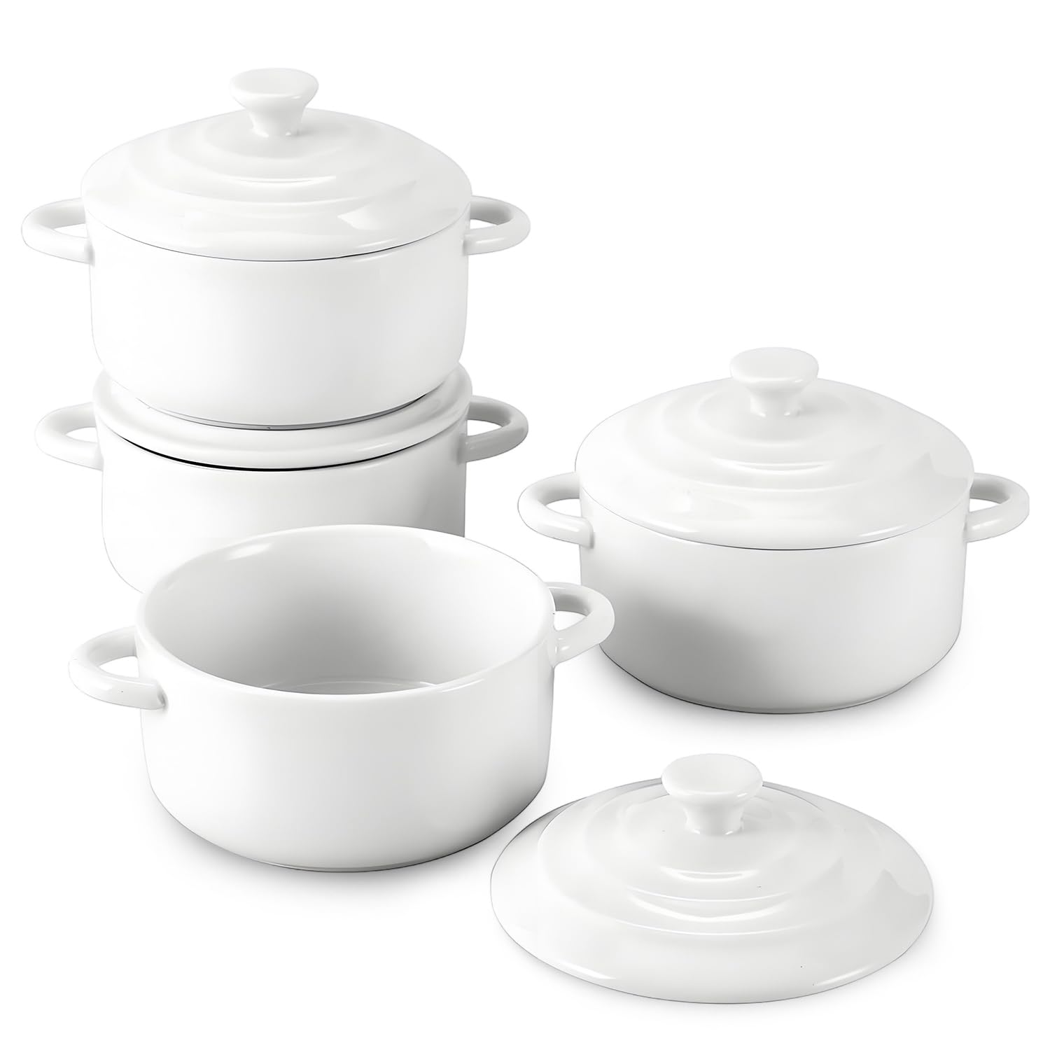 Angju Ramekins with Lids, Mini Cocotte Set, Small Casserole Dishes with Handles, Ceramic Mini Dutch Oven Set of 4, Small Baking Ramekins for Lasagna, Soufflé, Oven, Microwave & Dishwasher Safe