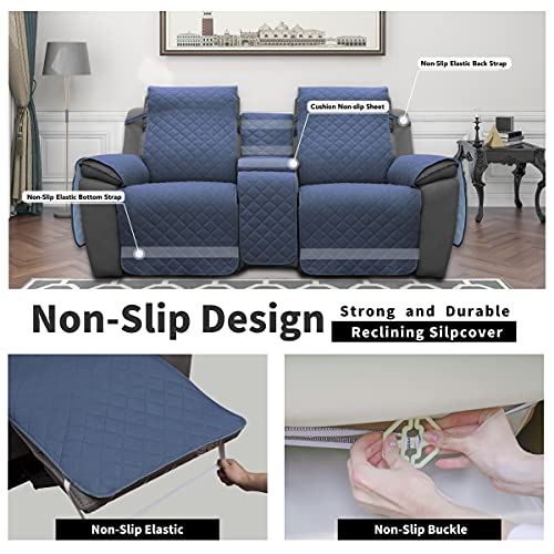 Image of Easy-Going Loveseat Recliner Cover with Console, Reversible Couch Cover for Living Room, Split Sofa Cover for Each Seat with Elastic Straps for Kids, Dogs, Pets(2 Seater, Dark Blue /Light Blue)