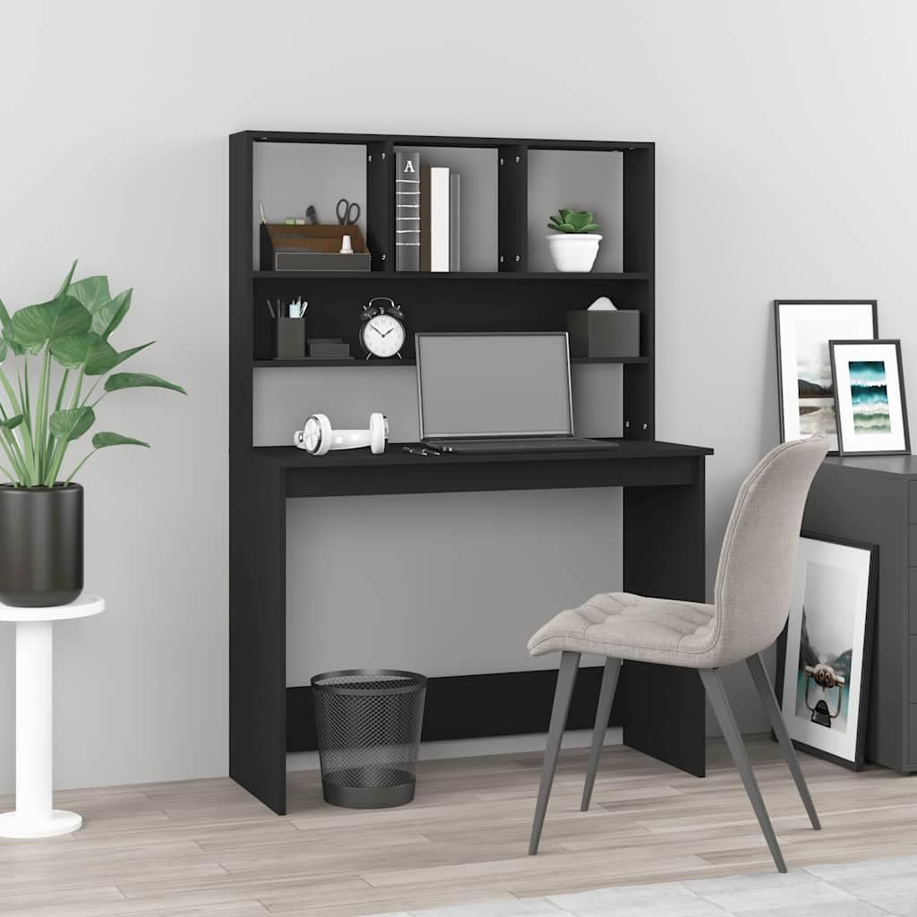 Scrivania con mensola nera, 102 x 45 x 148 cm, in legno, da ufficio, con vano portaoggetti e spazio per raccoglitori e documenti