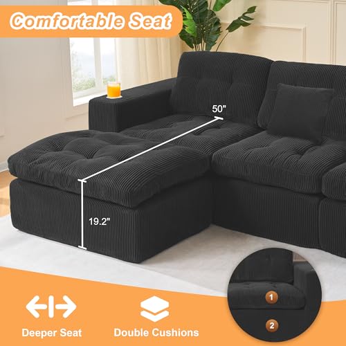 Image of Modular Sectional Sofa, 105 inch L Shaped Comfy Cloud Couch with Deep Seat, Boneless Couch for Living Room, Corduroy Modular Sofa with Chaise and Cup Holders, No Assembly Required, Black | Comfy Cloud Couch