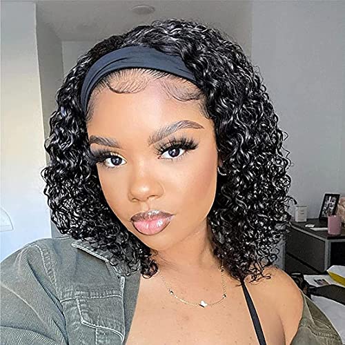 Image of Celiarita Deep Wave Headband Wig Human Hair 12inch None Lace Front Wigs Brazilian Virgin Hair Machine Made Wigs Glueless Deep Curly Wave Headband Half Wigs for Black Women Human Hair Natural Color