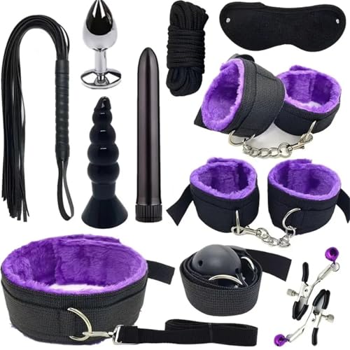 Fluffy Handcuffs Satin Eye Mask Blindfold Kit - Hand Cuff Set - Black Blindfold Satin Eye Mask - Adjustable Handcuffs Fluffy Bracelet-(Purple-11)