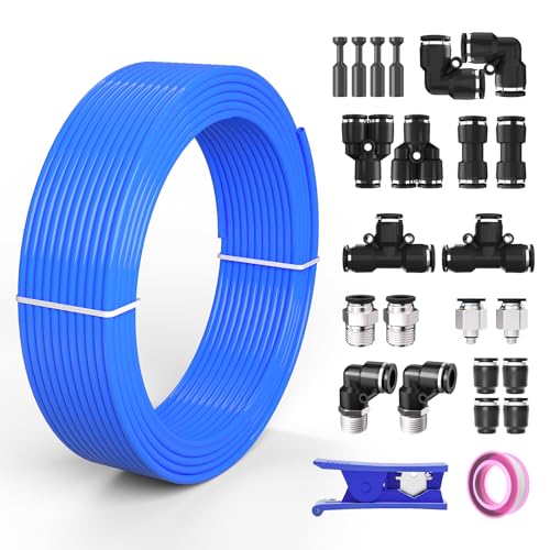 CNZG PNEU 5/32 4mm Air line,5/32 inch OD Air Hose Kit,Airline Tubing Repair Kit Compressor Tube with Push to Connectors Fittings (Blue-32.8FT/10M)