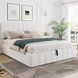 Merax Gas Lift Up Storage Bed, Upholstered Platform Bed Frame with Hydraulic System, Wooden Slat Support and Under Bed Storage, Space-Saving Design, No Box Spring Required, Queen Size, White