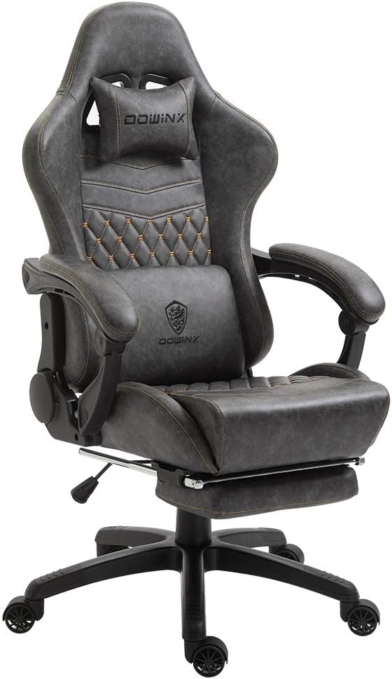 Dowinx Gaming Chair Office Pc Chair With Massage Ergonomic Lumbar Support Vintage Style Pu Leather High Back Adjustable Chair With Footrest (Grey)