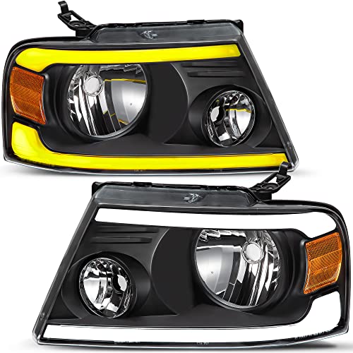 Image of oEdRo LED DRL Headlight Assembly Replacement for 2004-2008 Ford F150 F-150 Headlamps w /Sequential Turn Signal Clear Lens Black Housing Pair Set