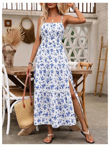 Image of BEAUDRM Women's Summer Maxi Dresses Boho Summer Wedding Guest Dress Beach Vacation Outfits Cruise Flowy Milkmaid Sundresses