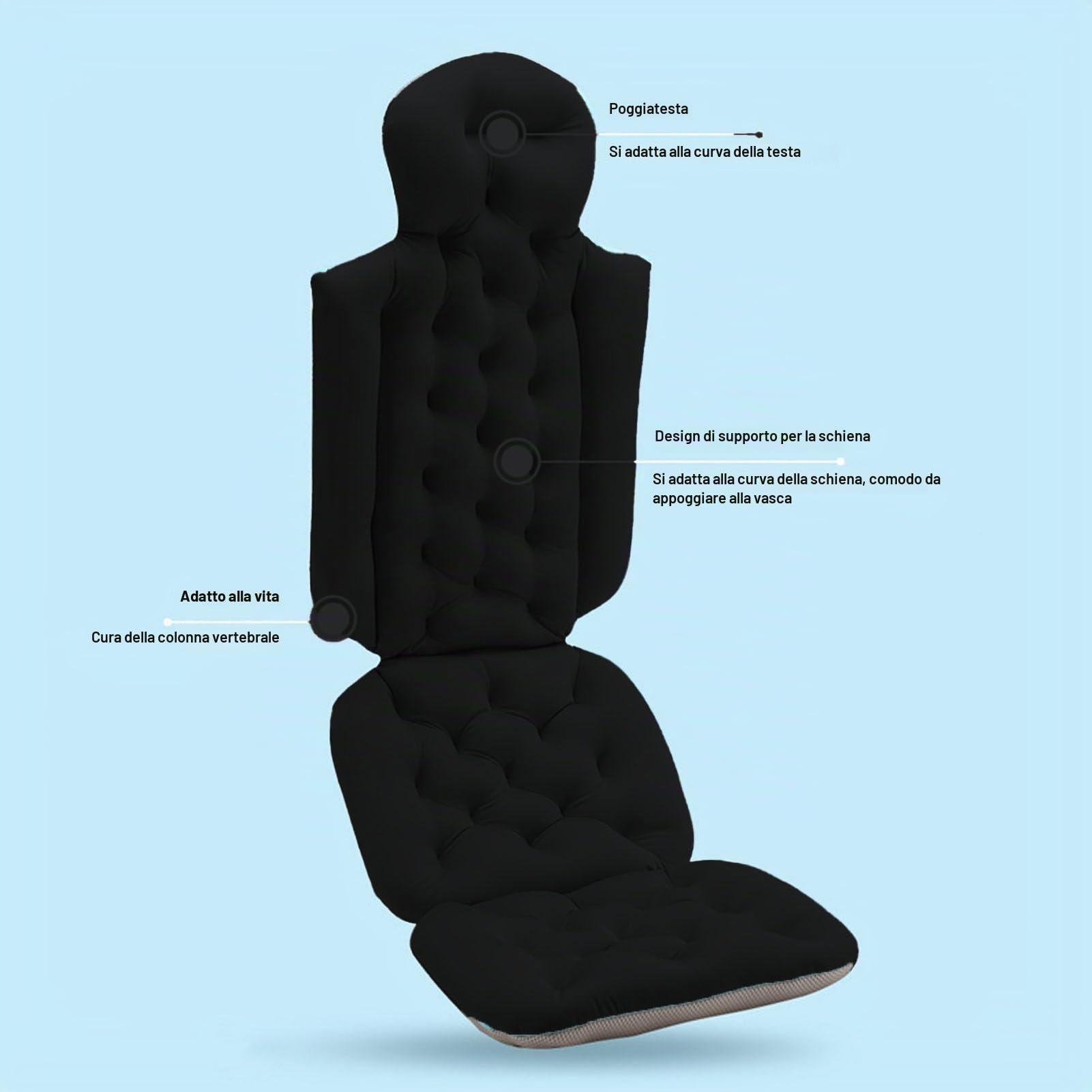 Cuscino da Bagno per Tutto il Corpo per Vasca da Bagno, Cuscino per Vasca Spesso con Forti Ventose, Cuscino per Vasca di Lusso per Vasca da Bagno, per Poggiatesta, Collo e (BLACK)