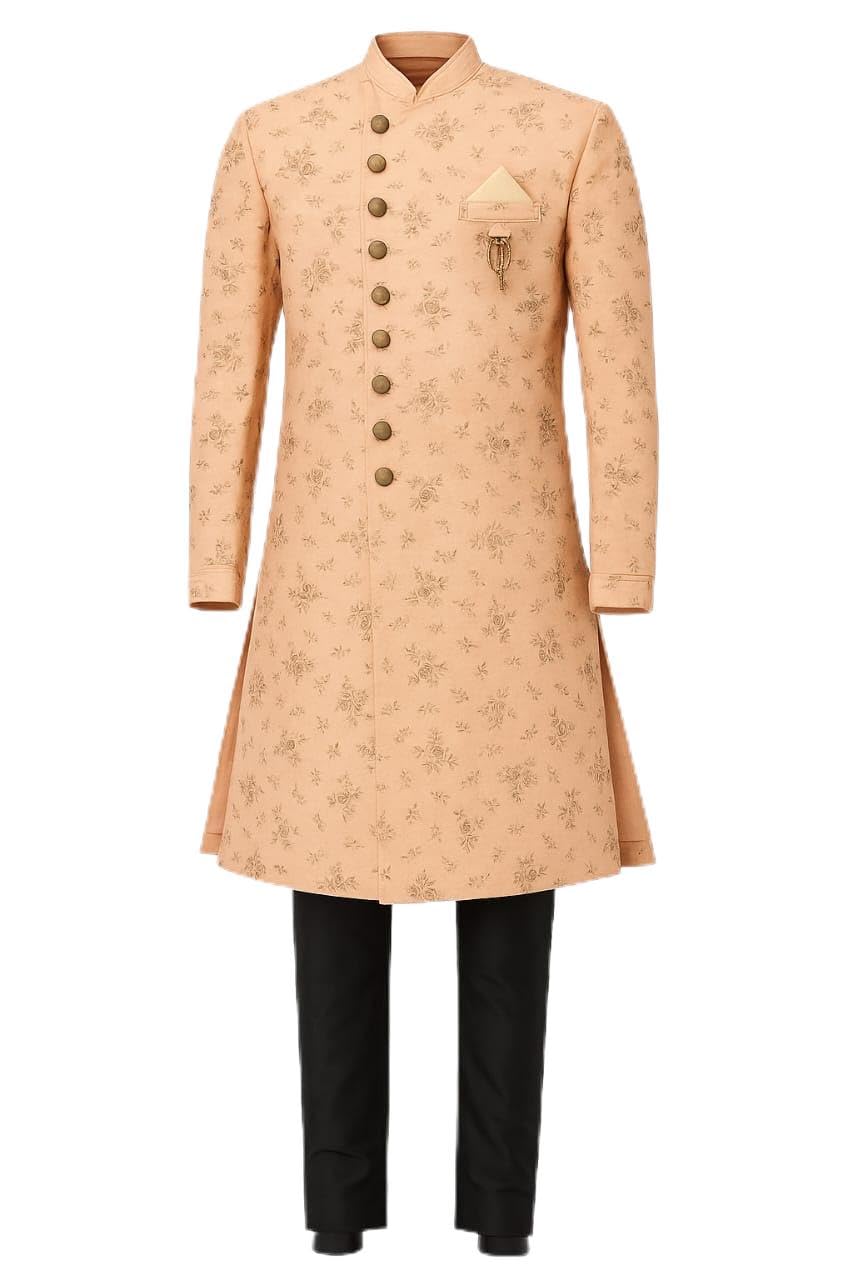 Men's Floral Print Sherwani with Mandarin Collar, Peach, Traditional Button Front, with Black Trousers-picture-23