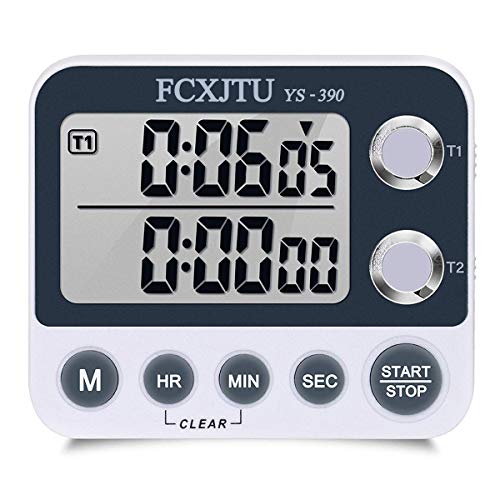 FCXJTU Digital Dual Kitchen Timer, Dual Count UP/Down Timer, Cooking Timer, Stopwatch, Large Display, Adjustable Volume Alarm and Flashing Light with Magnetic Back, Stand, Battery Included (White)