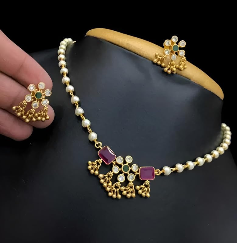 Gold Plated Pendant Chain | South Indian Jewellery for Women | Alloy Base with Pearls, Adjustable Design No TEMPAL227