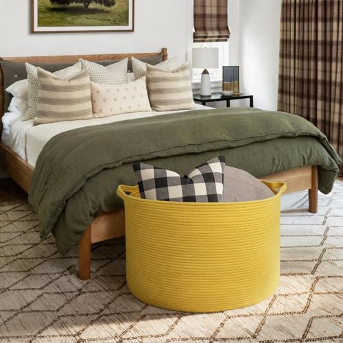 Image of MEGASKET Extra Large 115L Yellow Basket, 23.6 inch x15.7 Cotton Rope Yellow Decor for Living Room Bedroom, Woven Basket for Blanket, Laundry, Towel, Shoe, Kids Toy Box Organizer, Room Decor Storage Bin