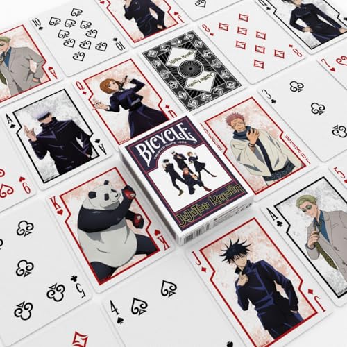 Image of Bicycle Jujutsu Kaisen Playing Cards Standard 52 Deck Poker Size Anime | Yuji Gojo Megumi and Nobara on court cards, Custom pips styled after Sukuna tattoos, Tokyo Jujutsu High logo back