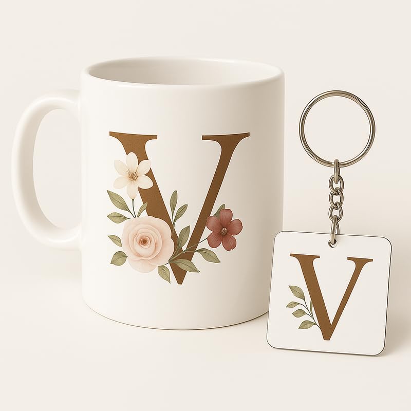 Image of Letter V Mug and Keychain Set - Elegant Floral Monogram Gift for Her /Him - Coffee Cup and Key Ring with Initial V - Coffee Mug for Everyone Any Occasion 4646 22